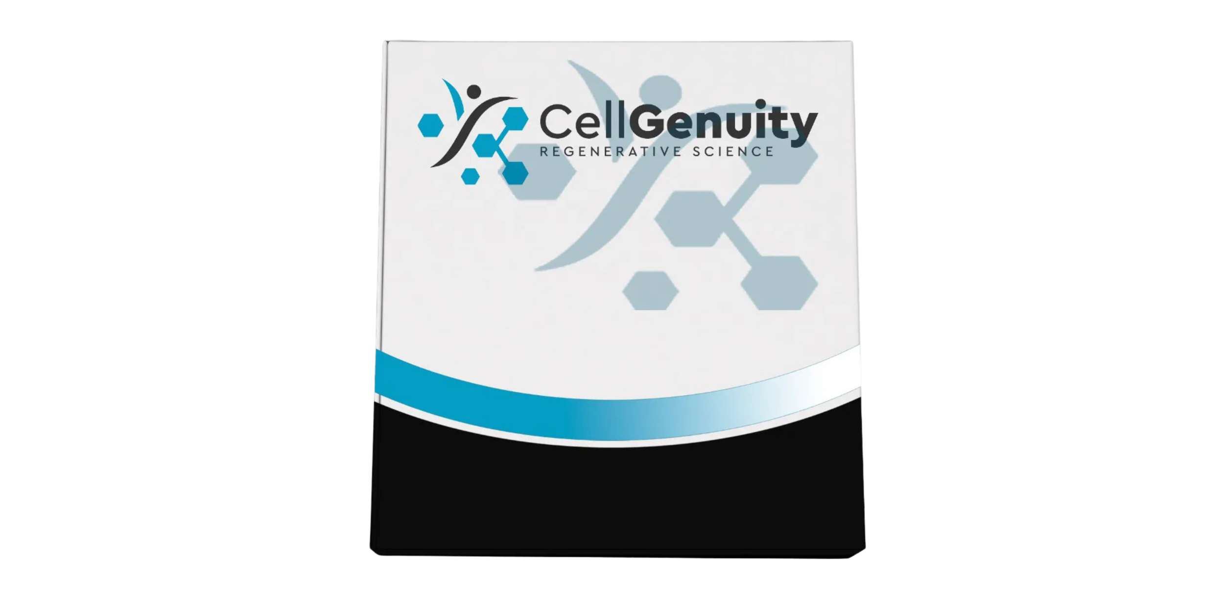 Packaging box for CellGenuity, a regenerative science product, featuring a logo with hexagon and DNA strand imagery and a color scheme of black, white, blue, and gray.