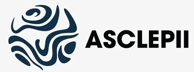 Logo with stylized globe design and the text ASCLEPII.