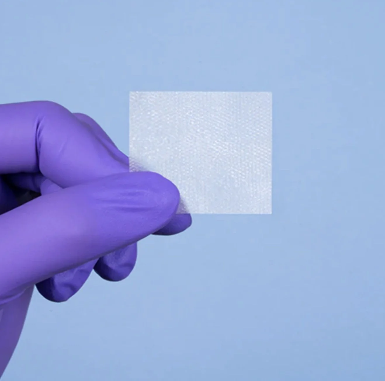 A person wearing purple gloves holding a small, square white textured sample paper against a solid light blue background.
