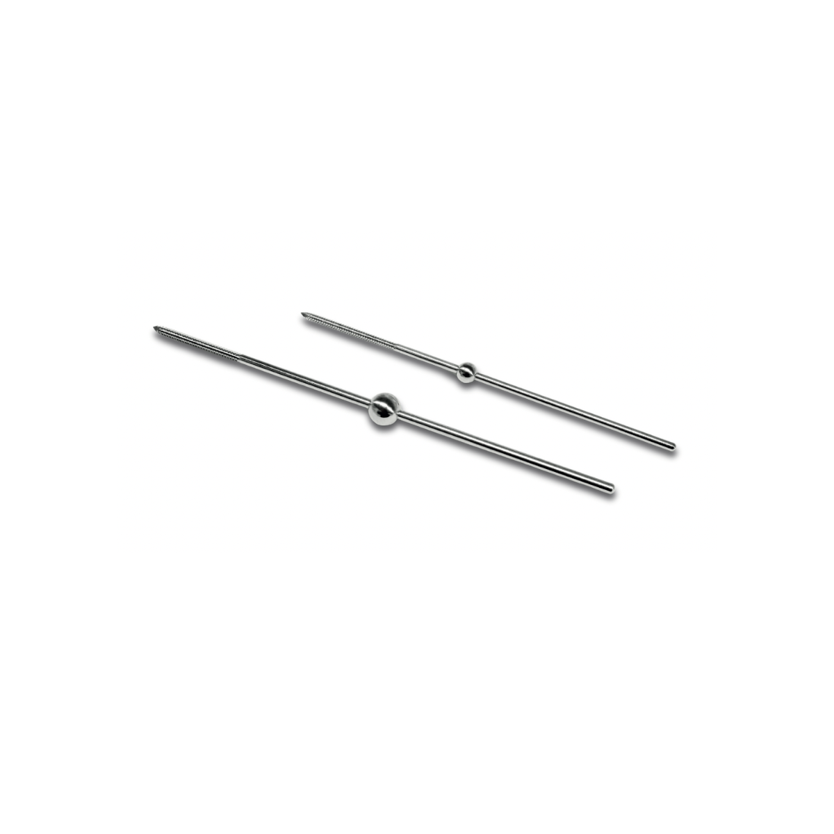 A pair of metal pin hairpins with metallic beads and long, slender bodies.