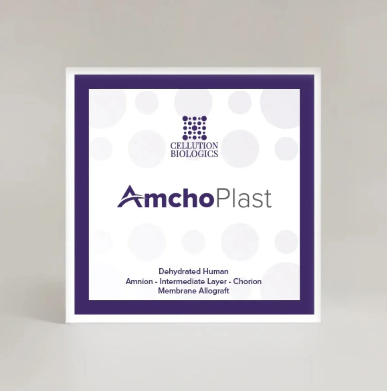 A product label for AmchoPlast from Cellution Biologics, describing it as a dehydrated human amnion membrane allograft with an intermediate layer and chorion.