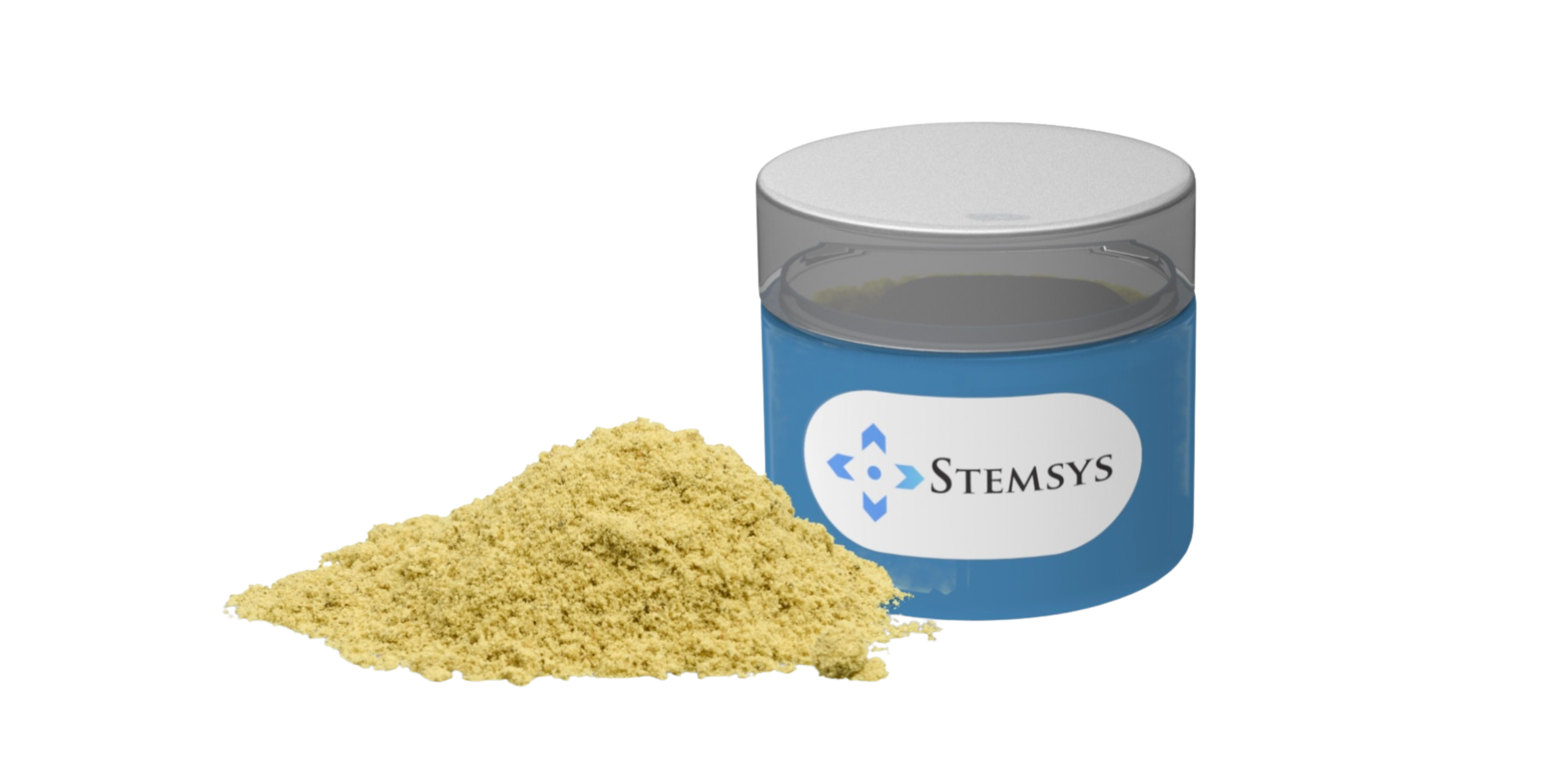 A container with a blue label reading 'STEMSYS' and a pile of yellow powder in front of it.