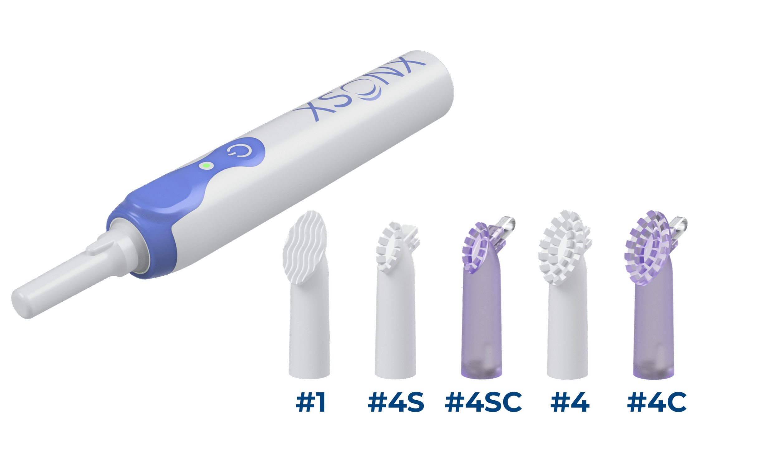 A dental electric toothbrush with five interchangeable brush heads labeled #1, #45, #45C, #4, and #4C, showing different bristle designs.