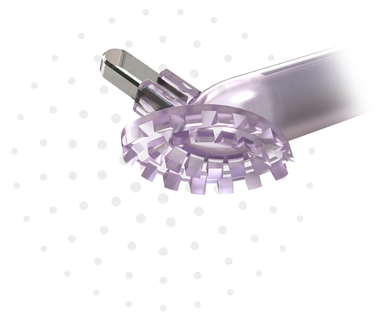 A close-up image of a dental treatment tool, possibly a dental drill or scaler, with a purple plastic or rubber ring around it used for dental cleaning or treatment.