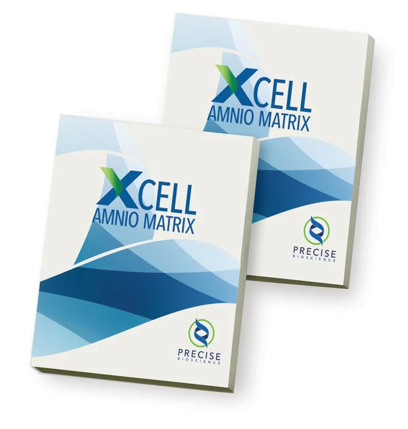 Boxes of XCell Amnio Matrix product by Precise Bioscience with blue and green design elements.