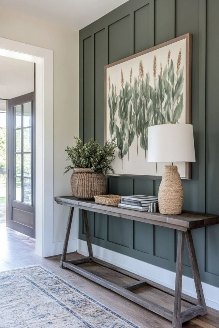 Entryway with green paneled wall, wooden console table decorated with a potted plant, a woven basket, stacked books, and a table lamp with a woven base and white shade, near a door with glass panes.