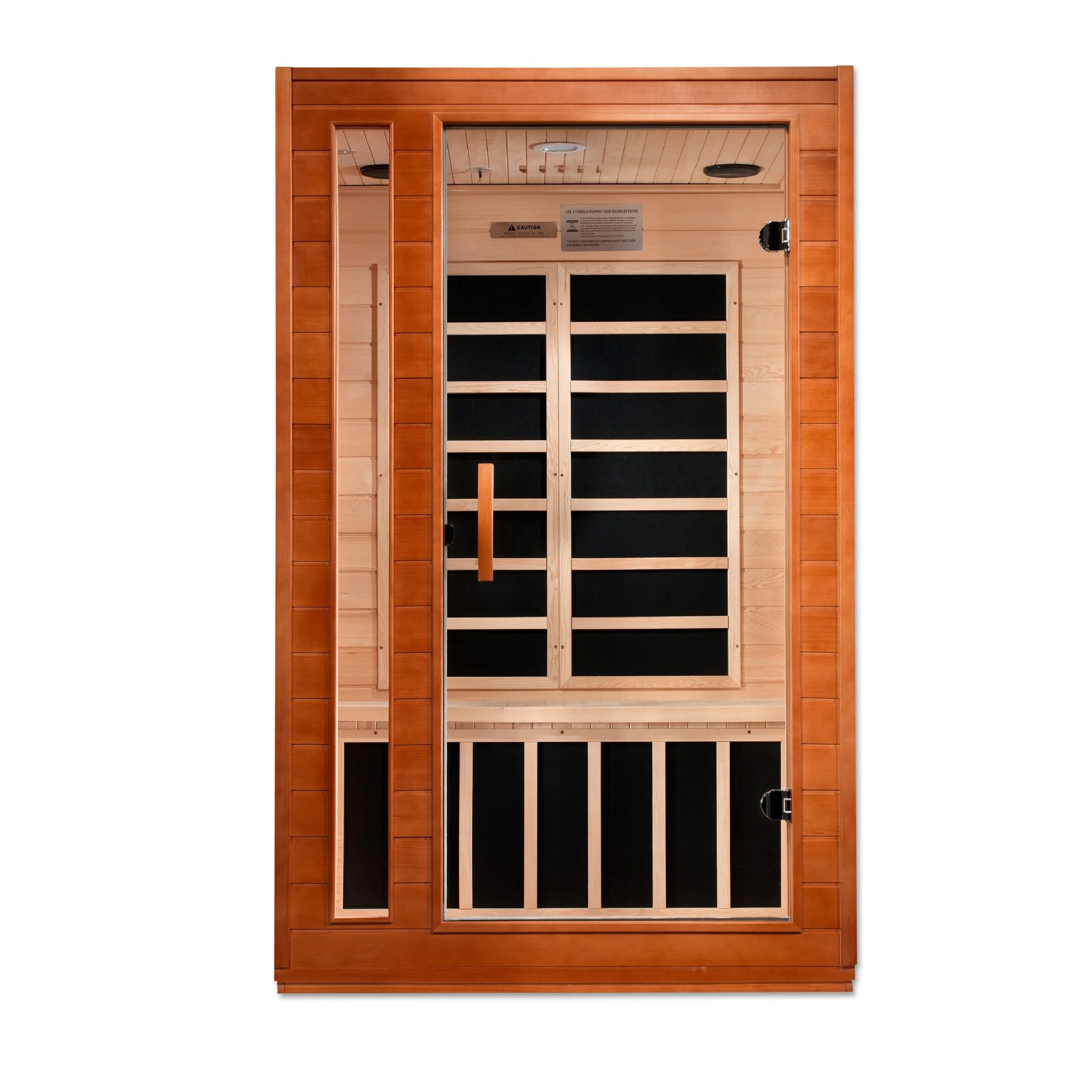 A wooden sauna room with a glass door and black panels inside.