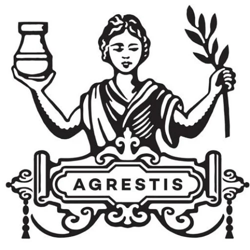Illustration of a woman holding a jar in one hand and a branch in the other, with the word 'AGRESTIS' in a decorative frame underneath. Logo for Agrestis Available at Neer Beer Beverage Company