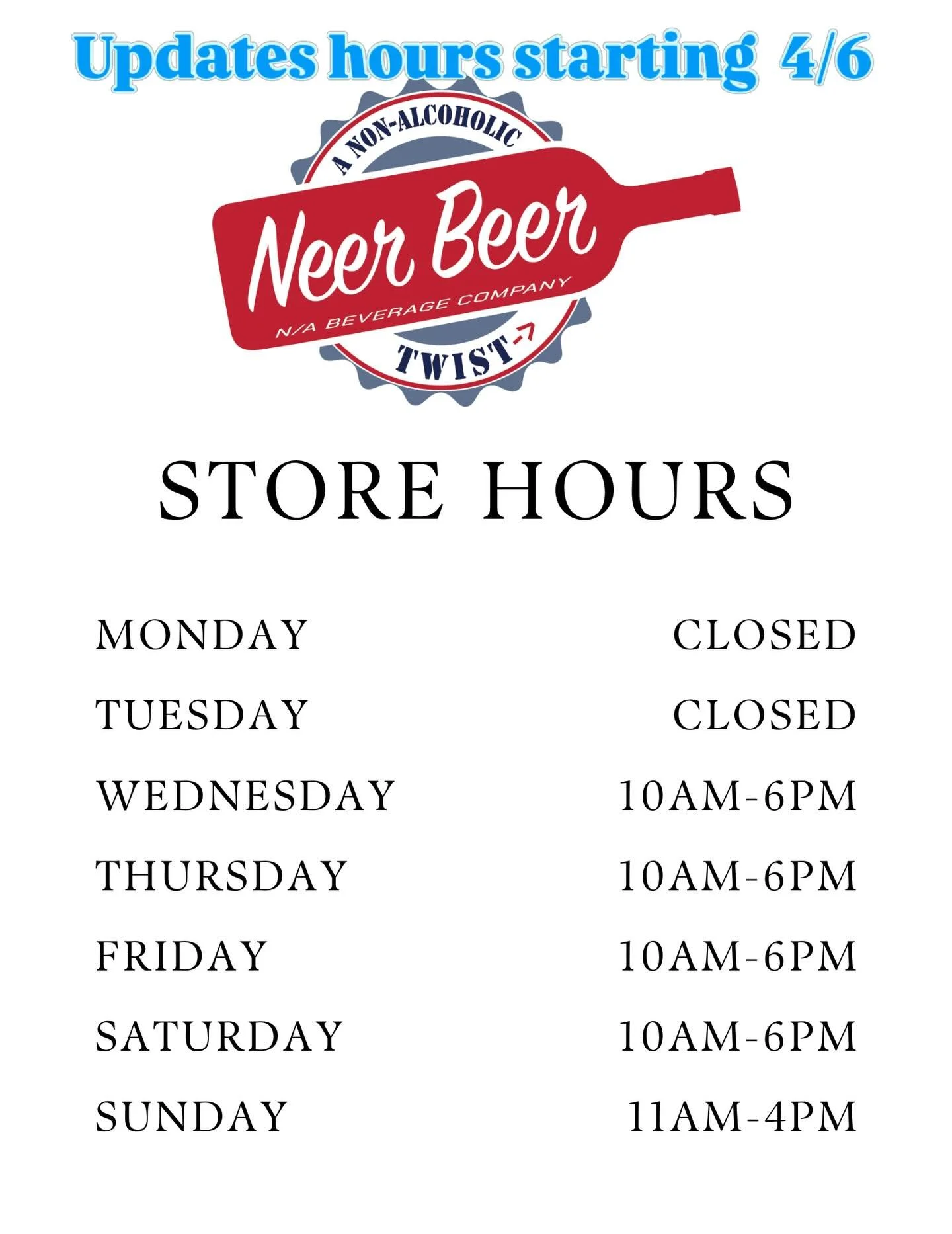 Your feet have spoken! Starting Monday, April 6th, Neer Beer&rsquo;s hours will change to better reflect customer foot traffic trends. Thank you!