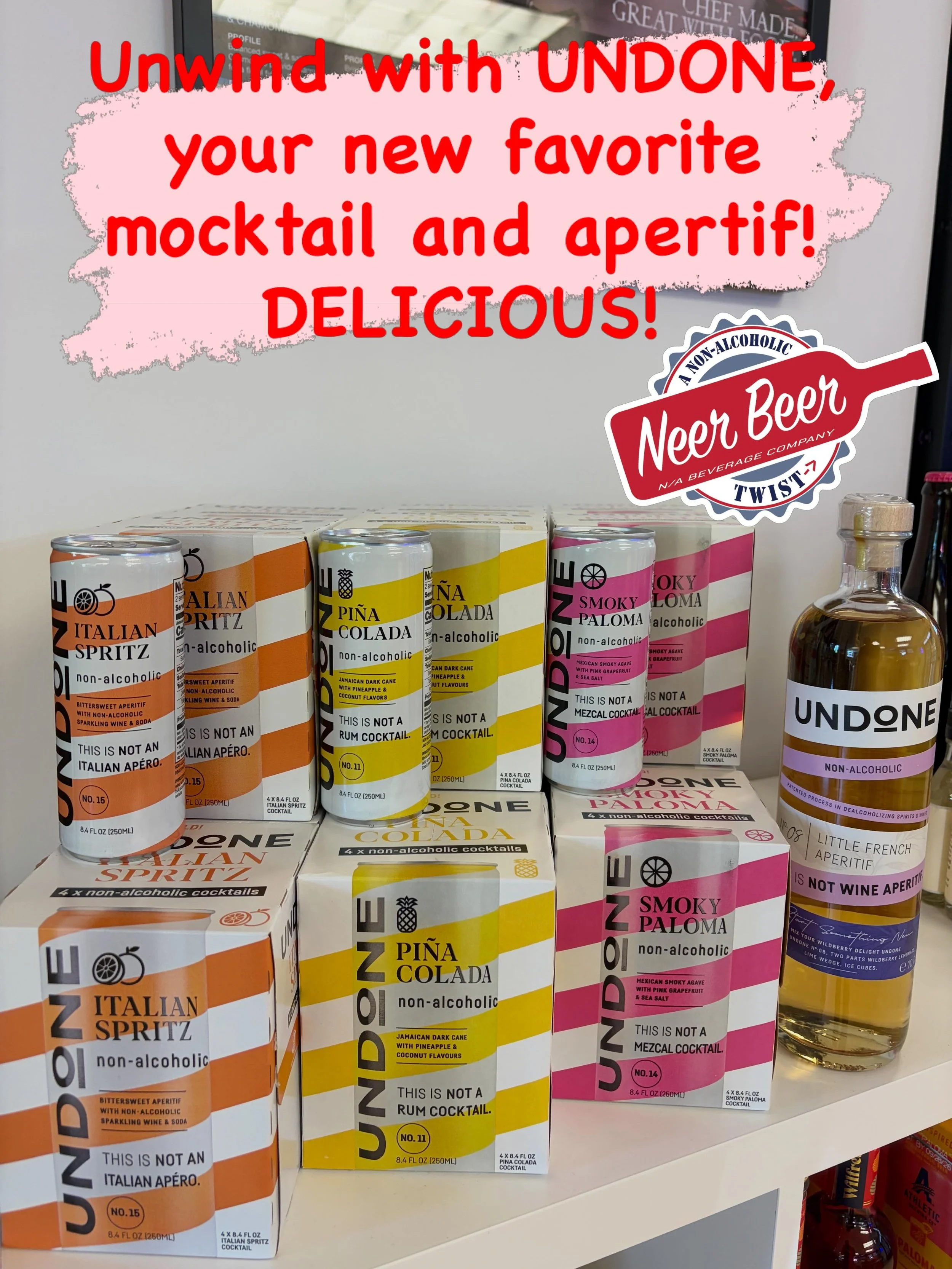 New @ Neer Beer! RTD mocktails available in four packs or chilled singles. Undone #8 Little French Apertif has notes of peach and orange with a touch of floral herbs and bitterness. Perfect in your mocktails or straight up. Tastes like summer baby! #