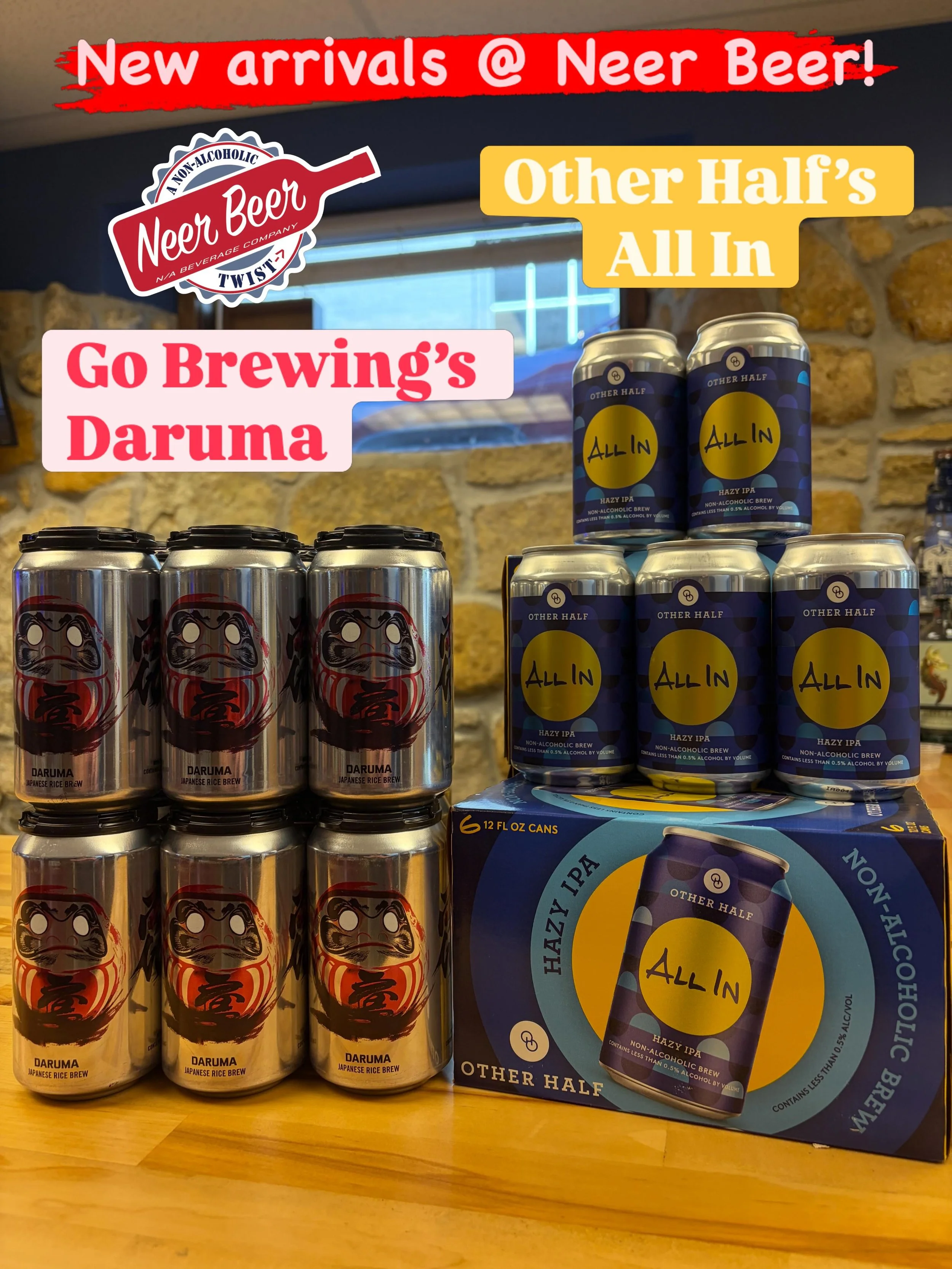 Check out two new brews at Neer Beer! Go Brewing&rsquo;s Daruma is a Japanese Rice Brew that is ultra clean with a dry finish. Other Half&rsquo;s All In is a hazy IPA with notes of peach, grapefruit and mango. Available as six pack or singles! #nabee