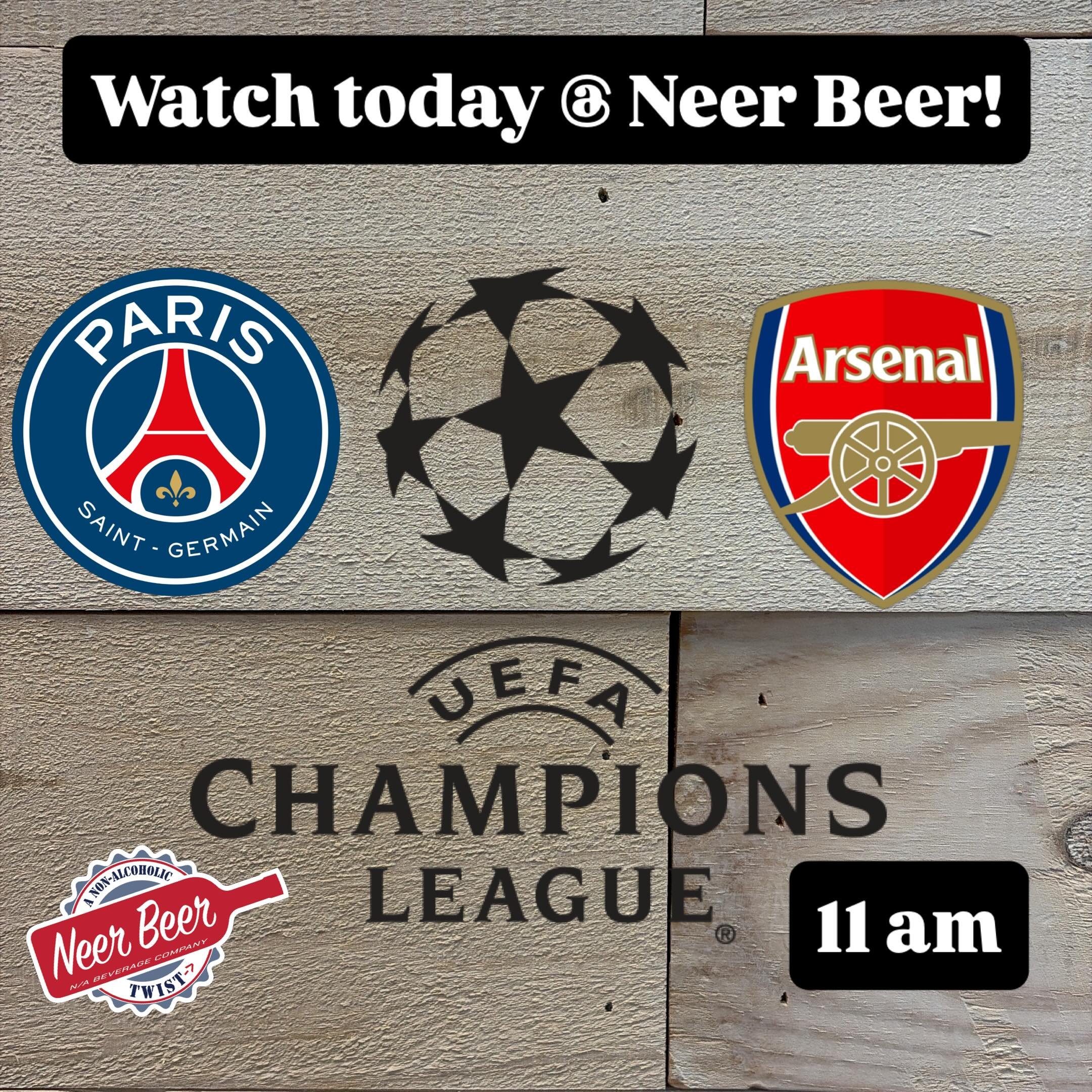 UEFA Champions League Final today! Watch PSG v Arsenal at Neer Beer today, game starts at 11! #soccer #futball #championsleaguefinal #downtownwheaton