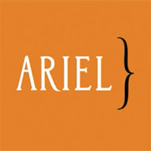 Orange background with the word 'ARIEL' in white lettering and a black curly brace on the right. Logo for Ariel NA Wine Available at Neer Beer Beverage Company