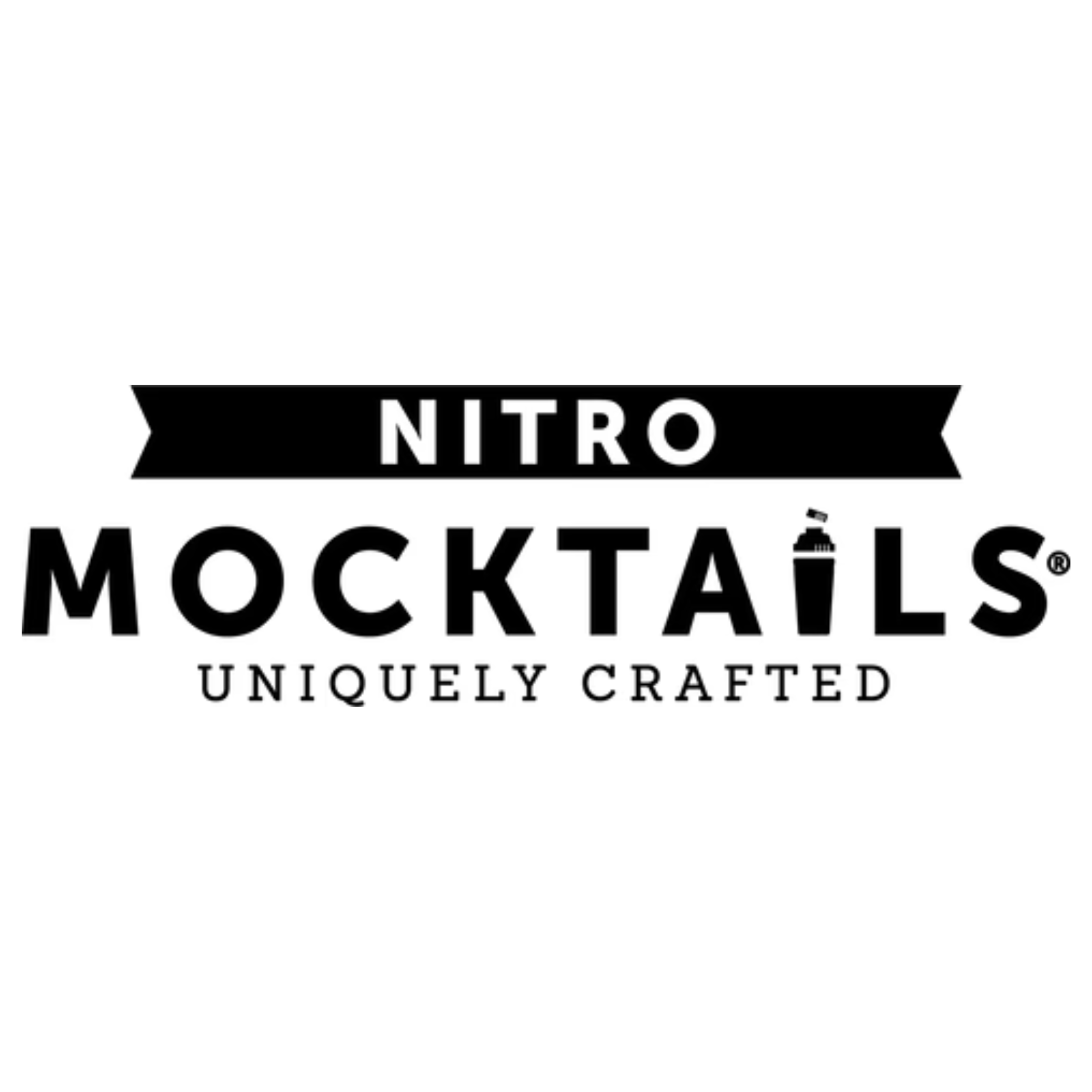 Logo for Nitro Mocktails, featuring bold black text with a small torch graphic integrated into the letter 'I' in 'Mocktails', and the tagline 'Uniquely Crafted' underneath. Available at Neer Beer Beverage Company