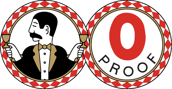 Logo displaying Vintage-style cigar band featuring a man with a mustache in a tuxedo holding cigars and the text '0 PROOF'