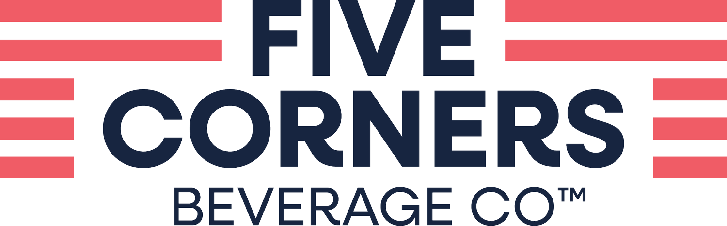 Logo for Five Corners Beverage Co with stylized text and red stripes on either side. Available at Neer Beer Beverage Company