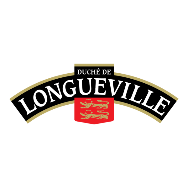 Logo for Duché de Longuesville with black, gold, and red colors and a shield featuring three lions. Available at Neer Beer Beverage Company