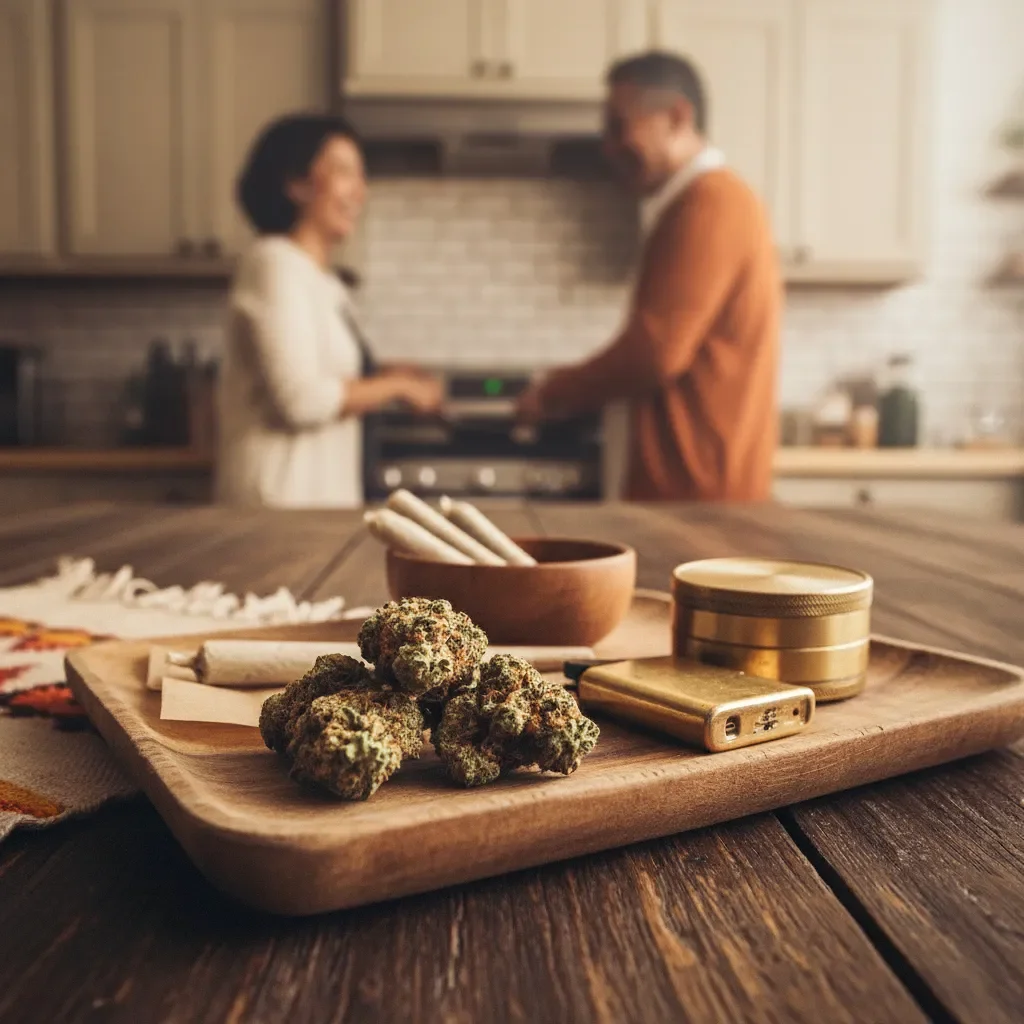 Cannabis buds, Pre-rolls and accessories on a rolling tray with a couple cooking dinner in the background