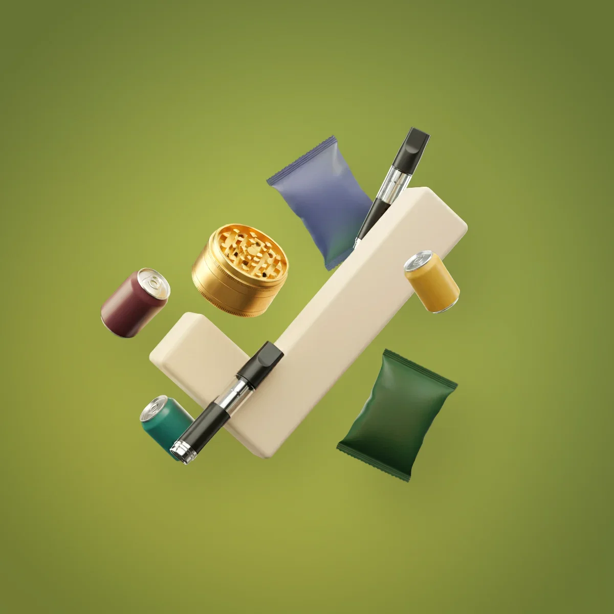 Floating 3D check mark surrounded by cannabis accessories, gummies and beverages