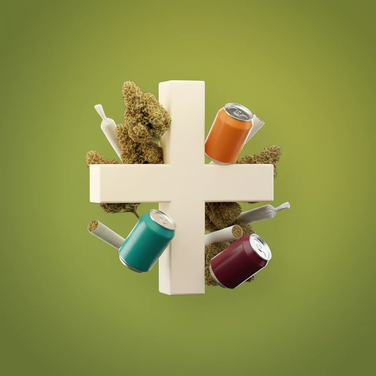 Floating 3D plus symbol surrounded by buds, pre-rolls and beverages
