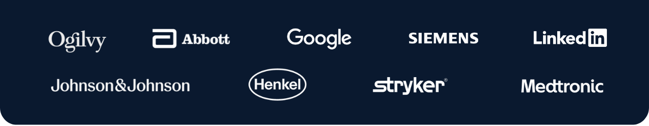 Collection of logos from companies including Ogilvy, Abbott, Google, Siemens, LinkedIn, Johnson & Johnson, Henkel, Stryker, and Medtronic, displayed on a dark background.