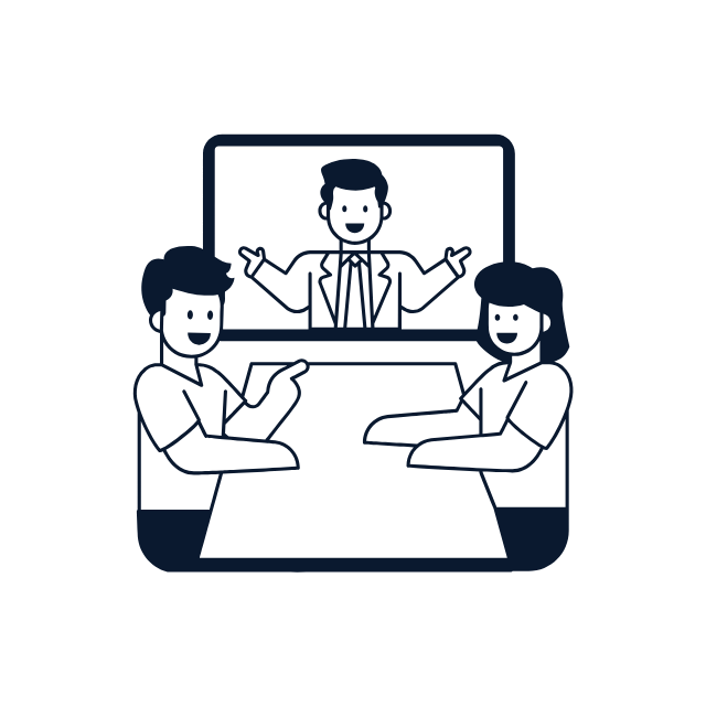 Illustration of three people in a video conference, with two sitting at a table and one on a computer screen, all smiling and engaging in conversation.