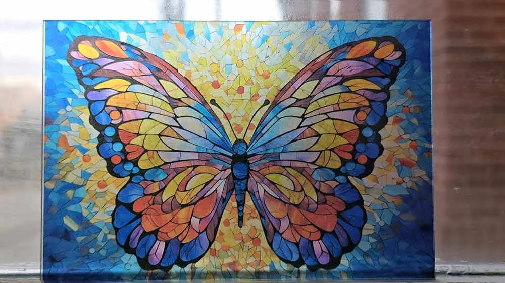 Colorful mosaic of a butterfly with shades of blue, purple, yellow, orange, and pink, set against a vibrant background.