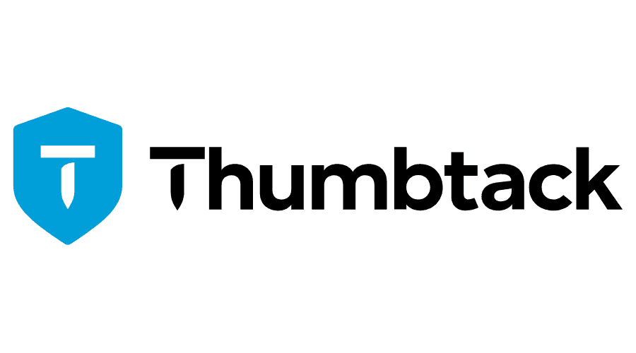 Thumbtack logo with a blue shield and white thumbtack icon, and the word "thumbtack" in black lowercase letters.