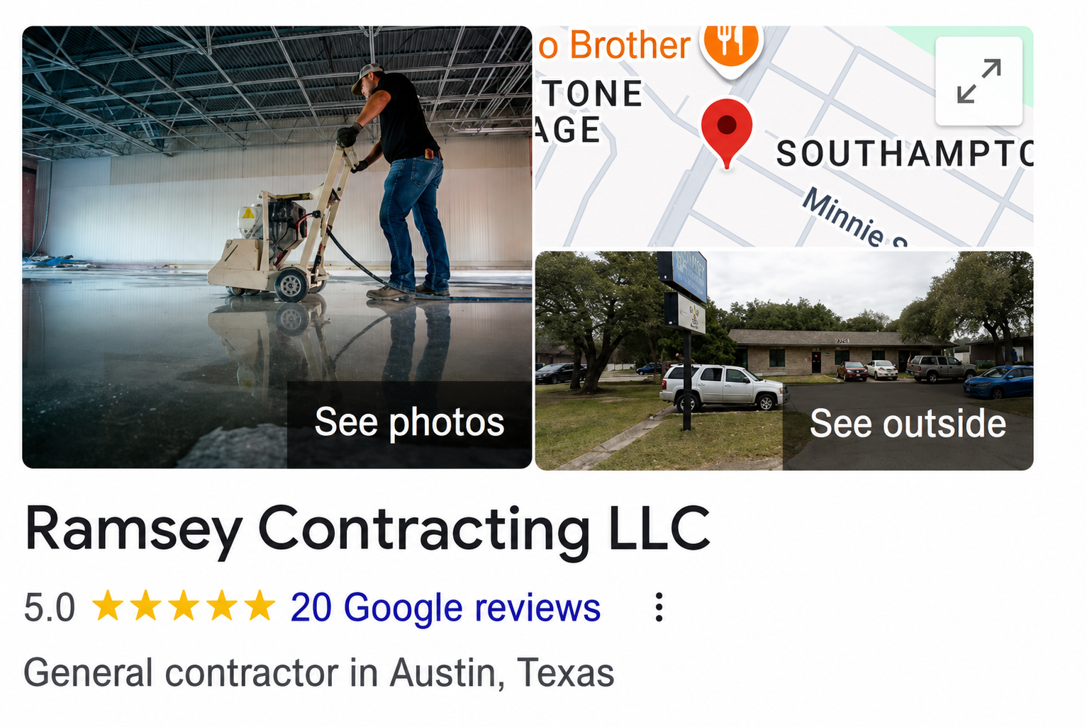 Ramsey Contracting Google Five (5) star reviews for custom and commercial builds, along with home remodeling