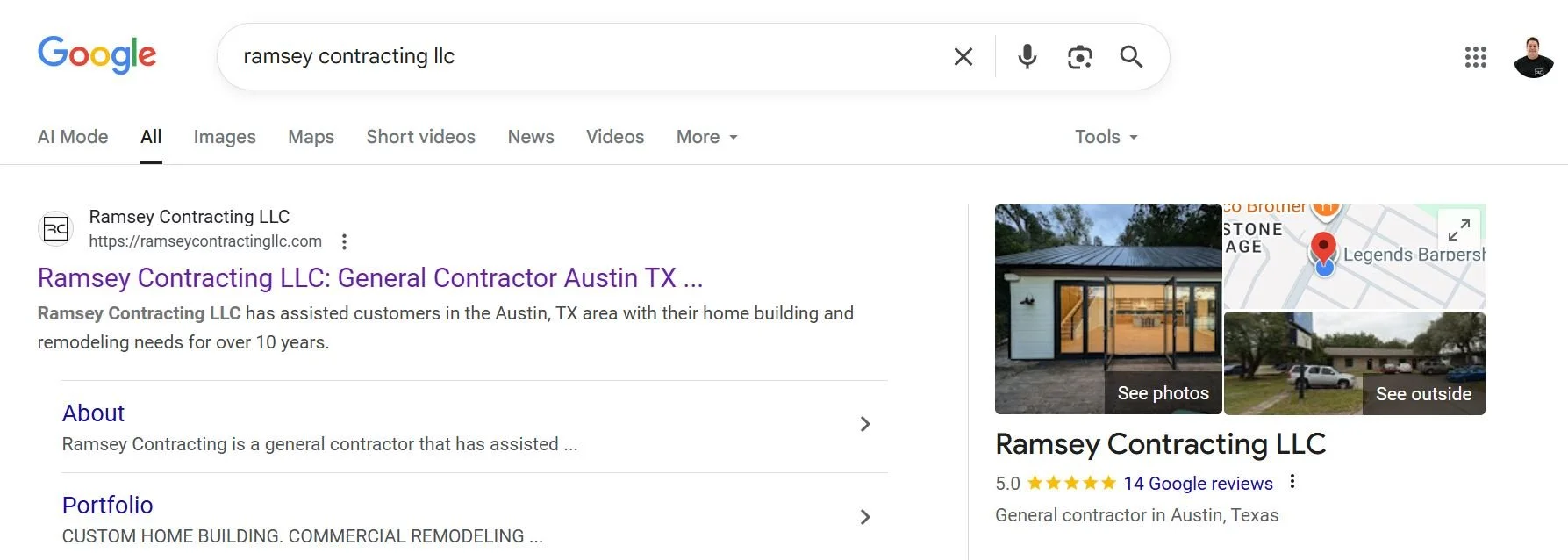 Google search results page for 'ramsey contracting llc', showing business information, photos, reviews, and a map of Austin, Texas.