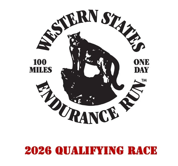 Logo for Western States Endurance Run featuring a black silhouette of a mountain lion on a rock, with text indicating 100 miles in one day, and 2026 qualifying race in red.