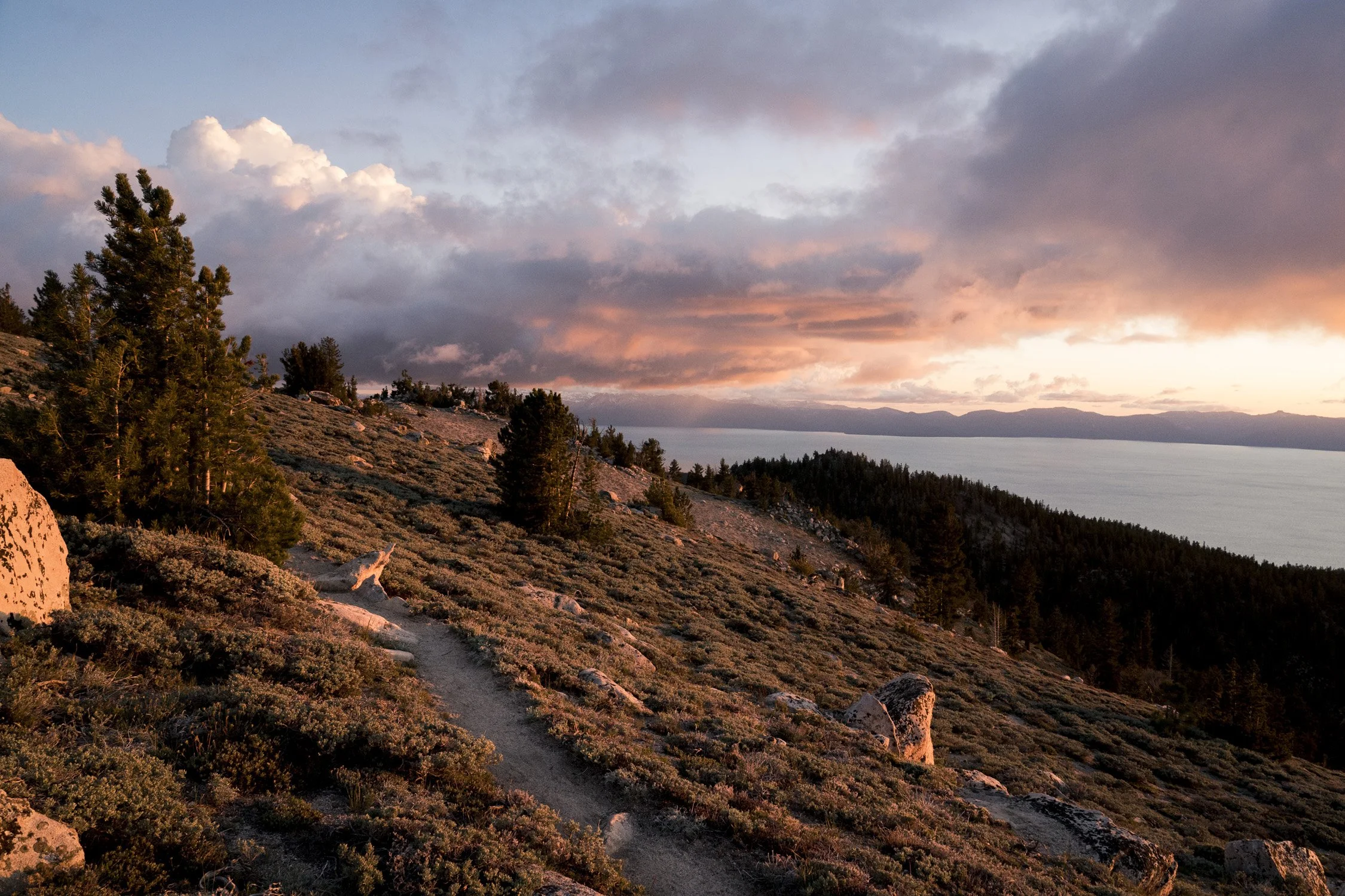 A trail winding through a hilly landscape with trees and rocks, overlooking a large body of water under a cloudy, colorful sunset sky.