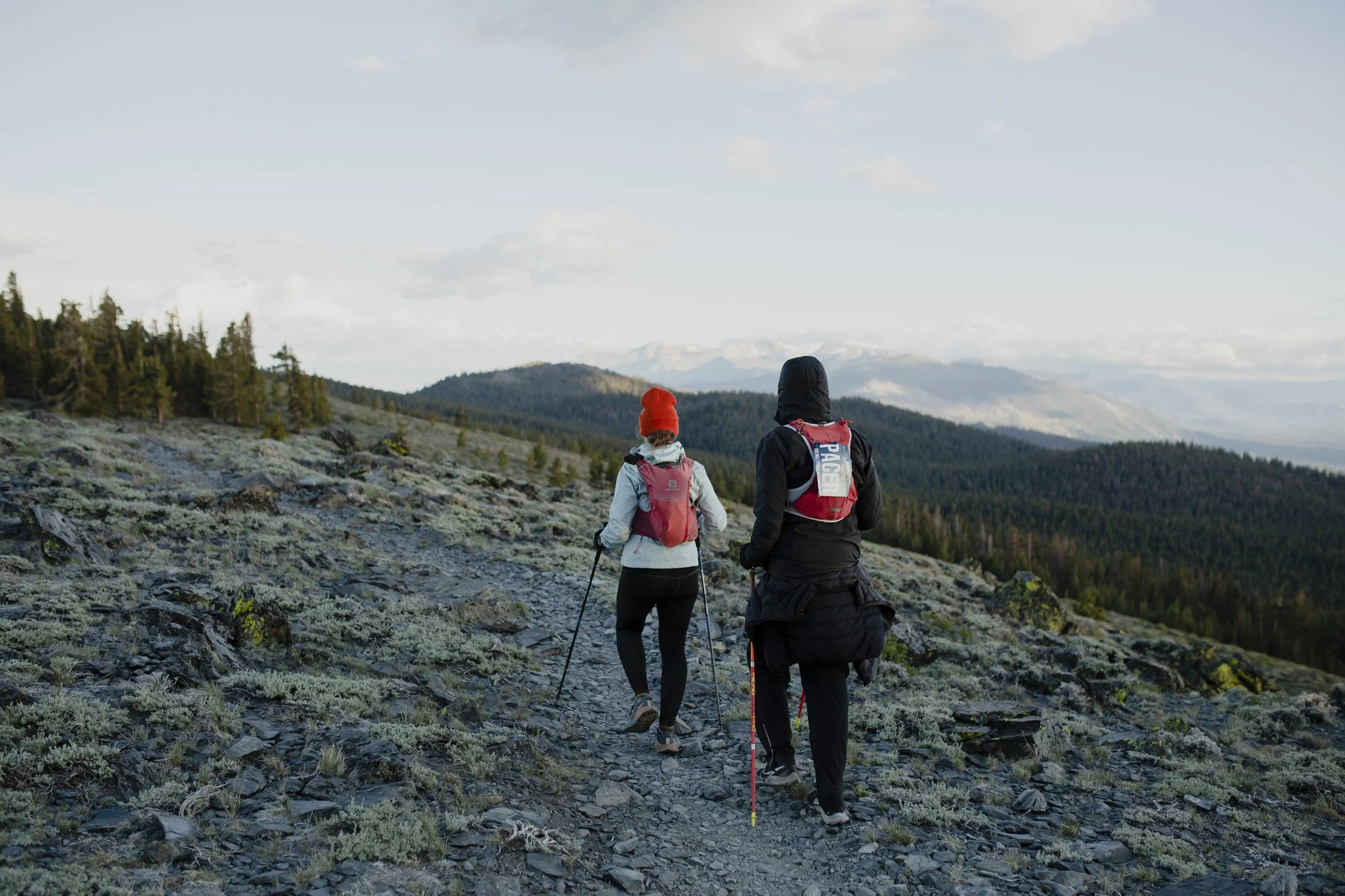 Two hikers trekking on a rocky trail through a mountainous landscape with trees and distant snow-capped peaks under a partly cloudy sky.