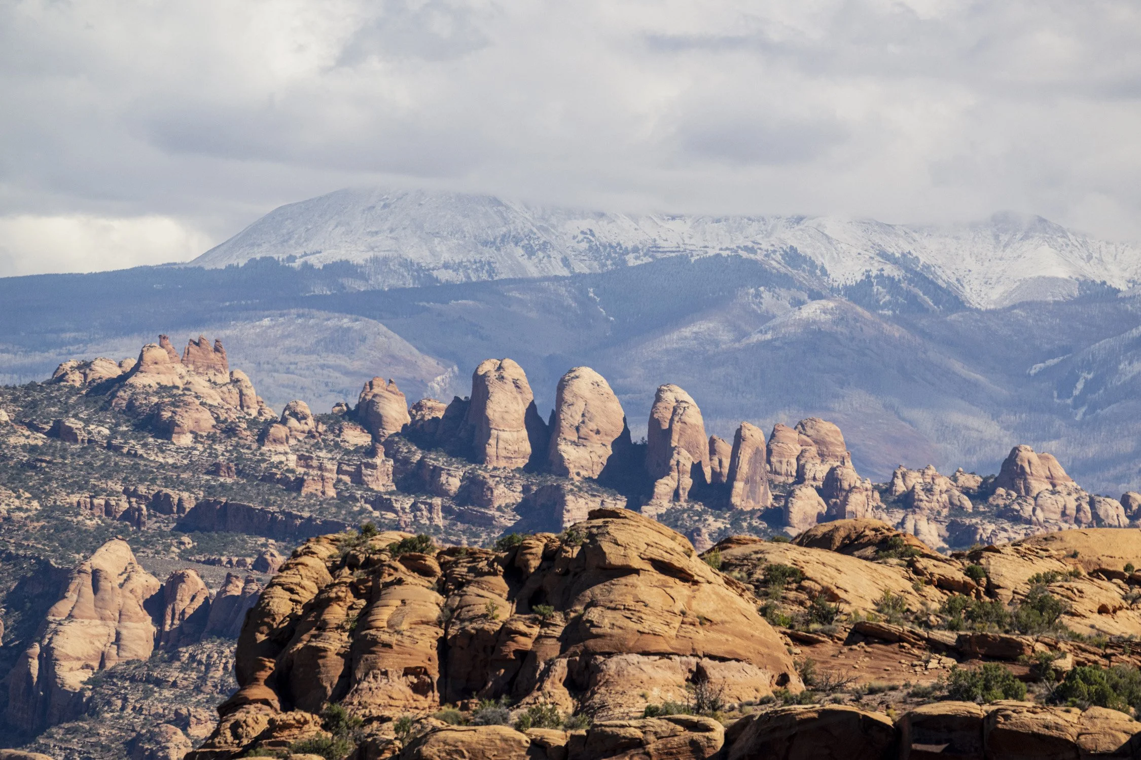 A desert landscape with reddish-brown rock formations in the foreground, mountains with snow on their peaks in the background, and a cloudy sky above.
