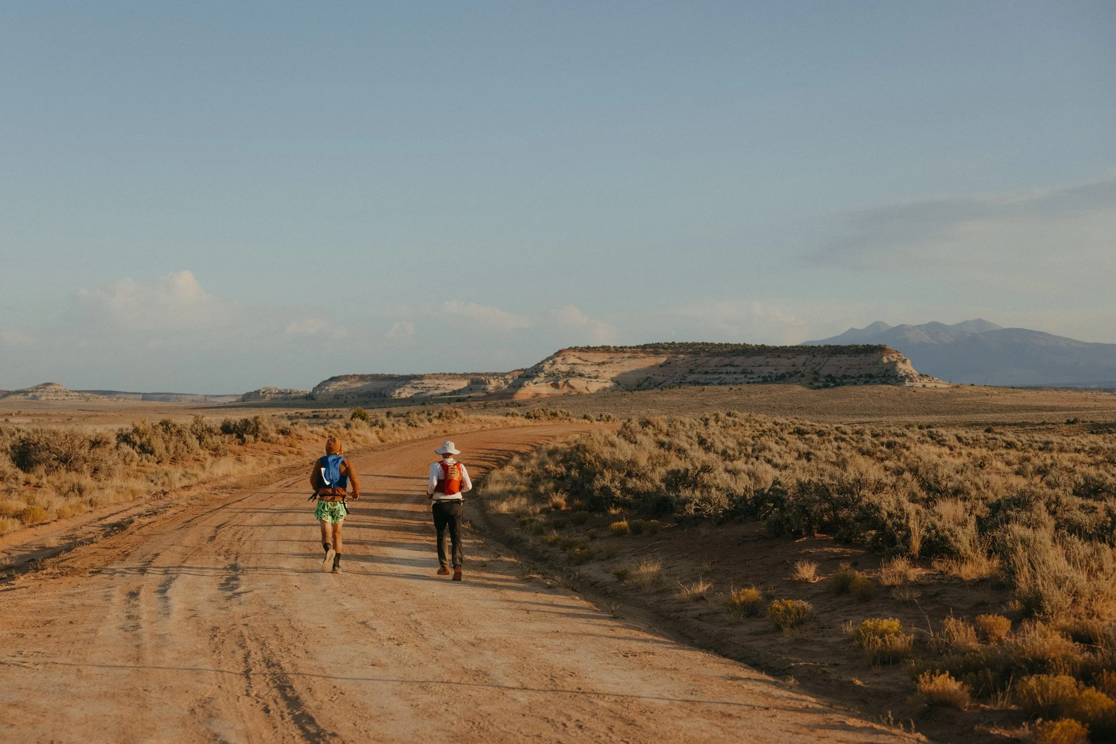 Two hikers walking on a dirt trail in a desert landscape with shrubs, rock formations, and mountains in the distance.