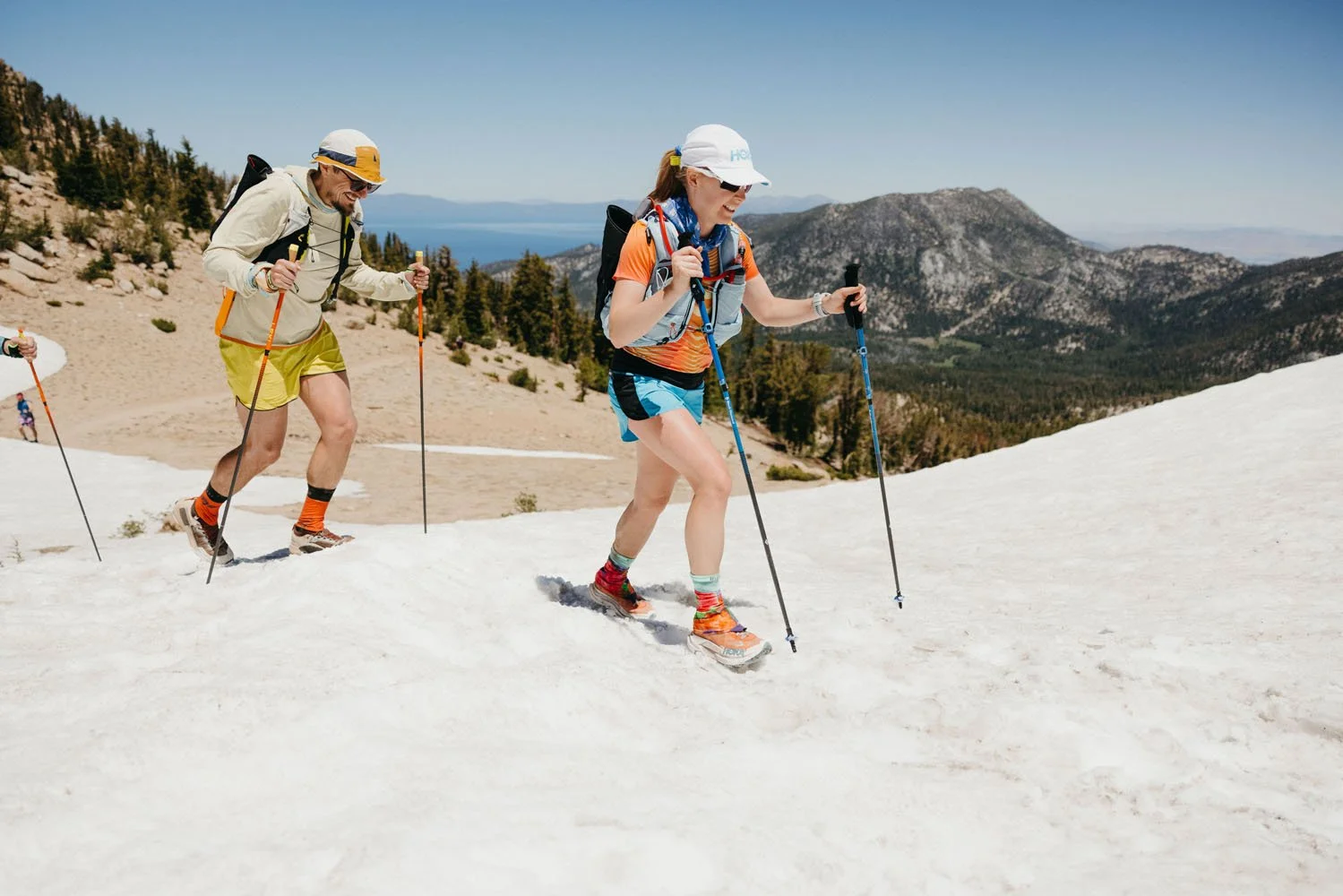 Annie Hughes crossing a snow field at the Tahoe 200