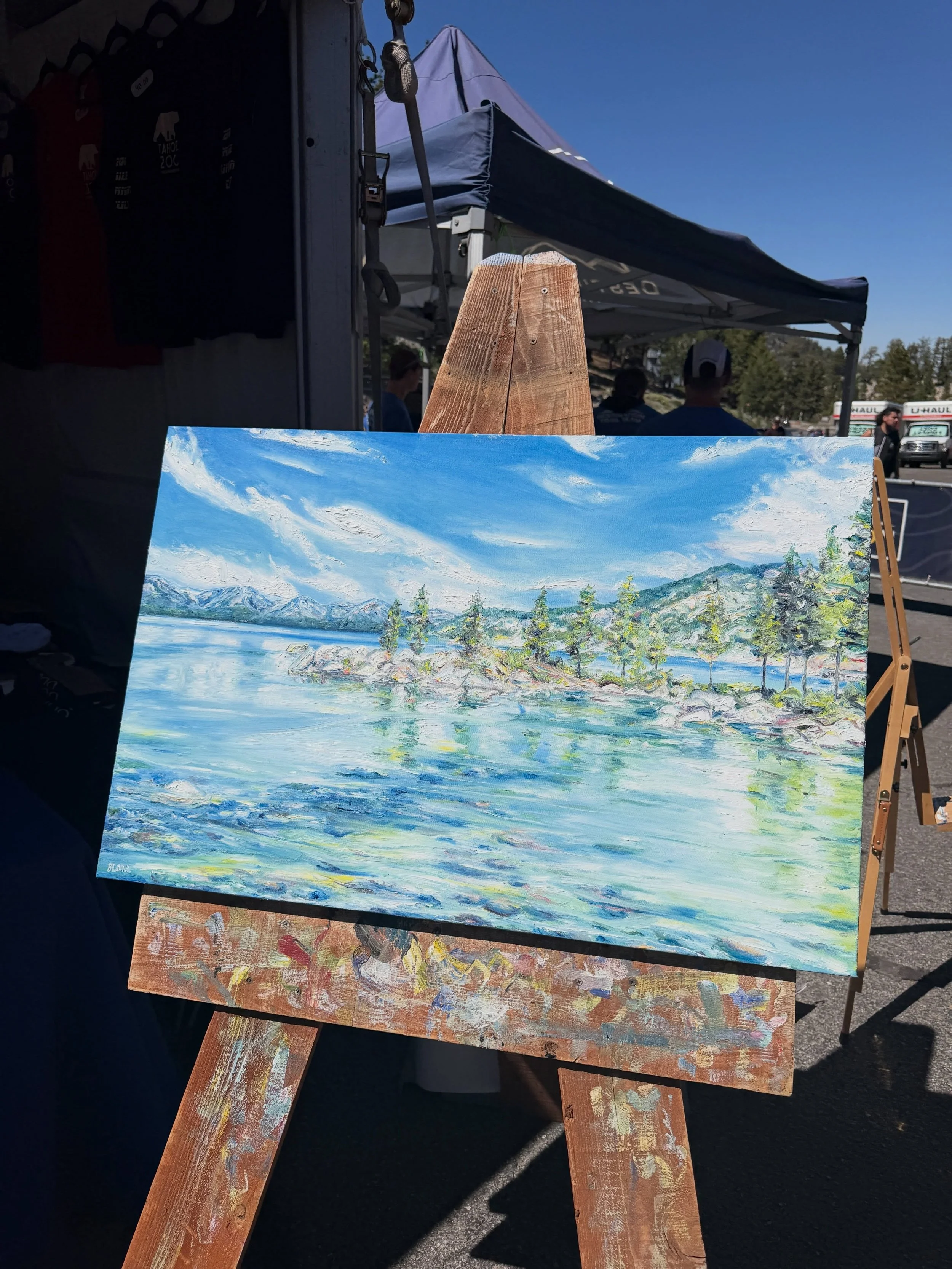 Snag your raffle tickets (only $25 each) at the race headquarters for your chance to win this incredible painting by Blair Latos of @atthesummitarts. You&rsquo;ll also support the @tahoerimtrail &mdash; all proceeds go to the organization and Destina