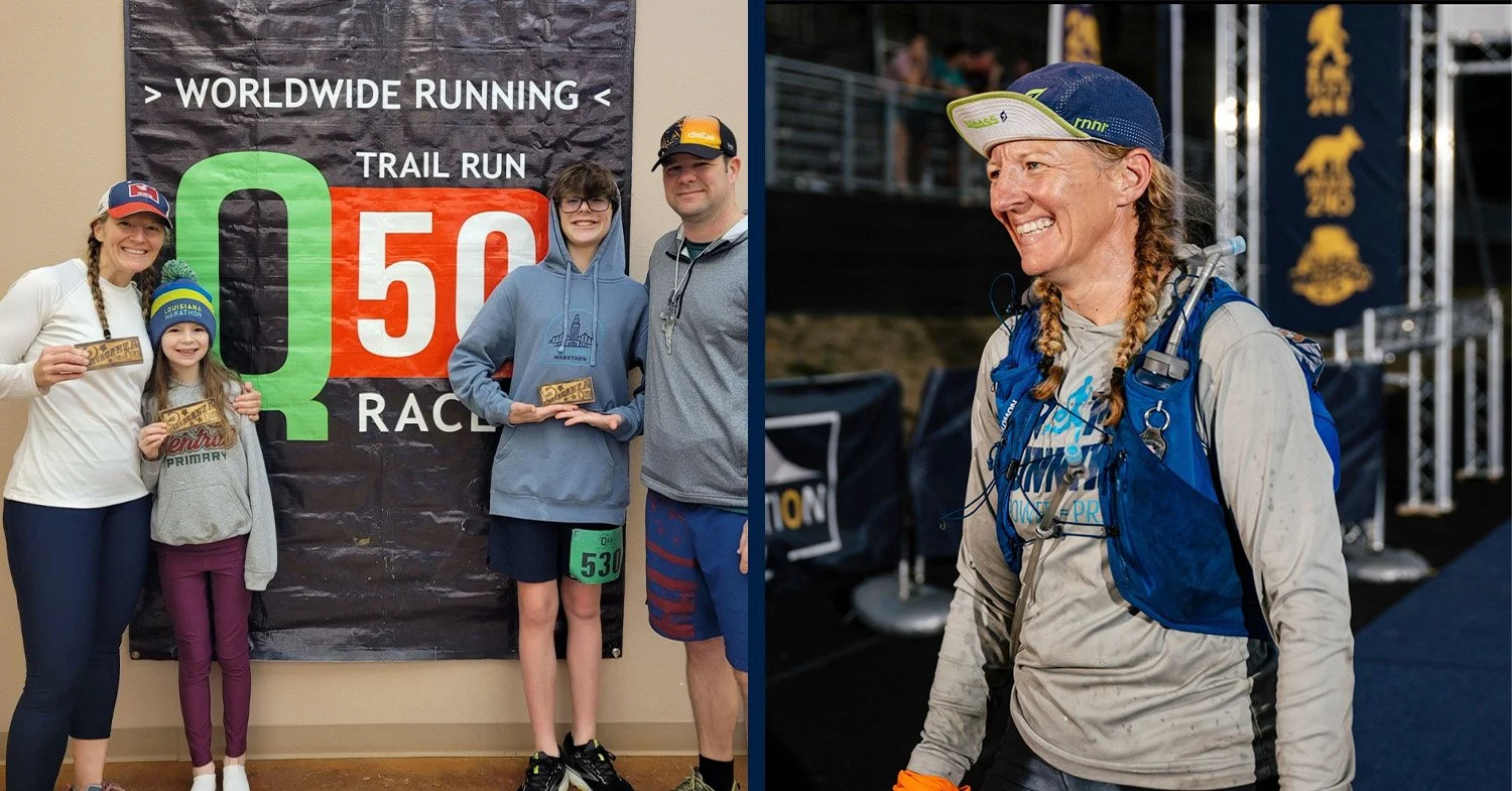 Heather Duanis finishing the Moab 240; Heather with her family at a race