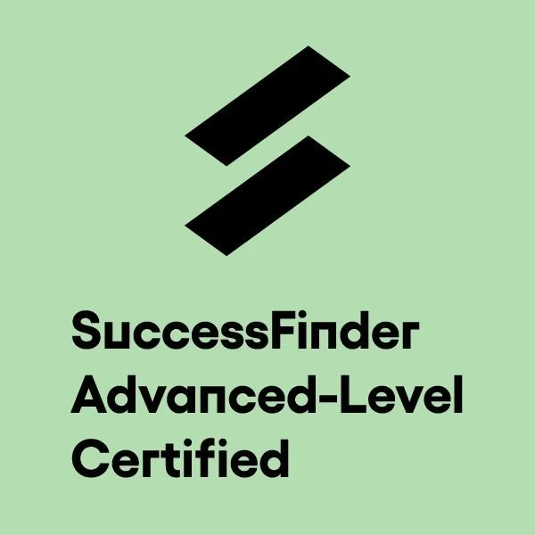 Green background with a black stylized 'S' logo and text that reads 'SuccessFinder Advanced-Level Certified'.