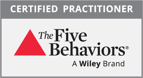 Certified Practitioner logo with red triangle, text 'The Five Behaviors' and 'A Wiley Brand'