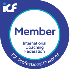 ICF Member logo featuring blue and black circular design with text indicating International Coaching Federation professional coaches.