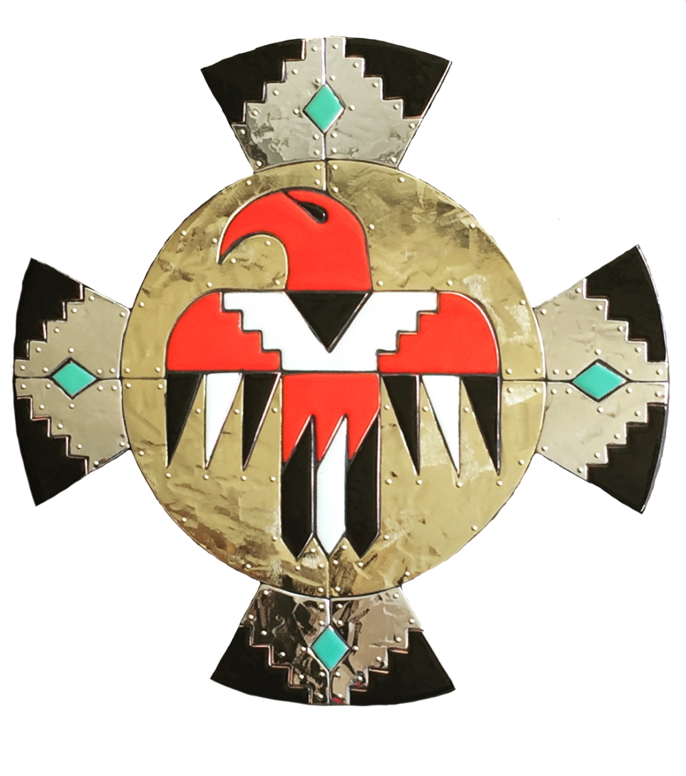 A Native American-style metal artwork featuring a stylized red and white eagle in the center, with a cross shape and decorative geometric patterns surrounding it.