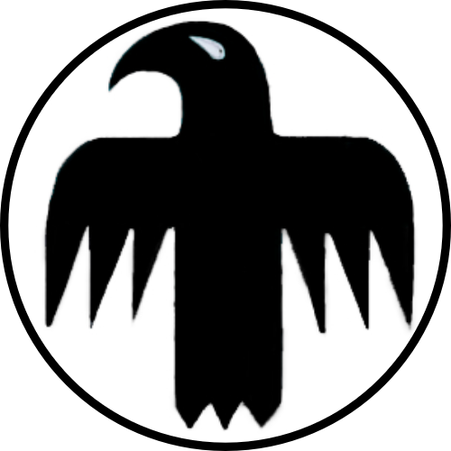 Black eagle emblem inside a white circle with a black background.