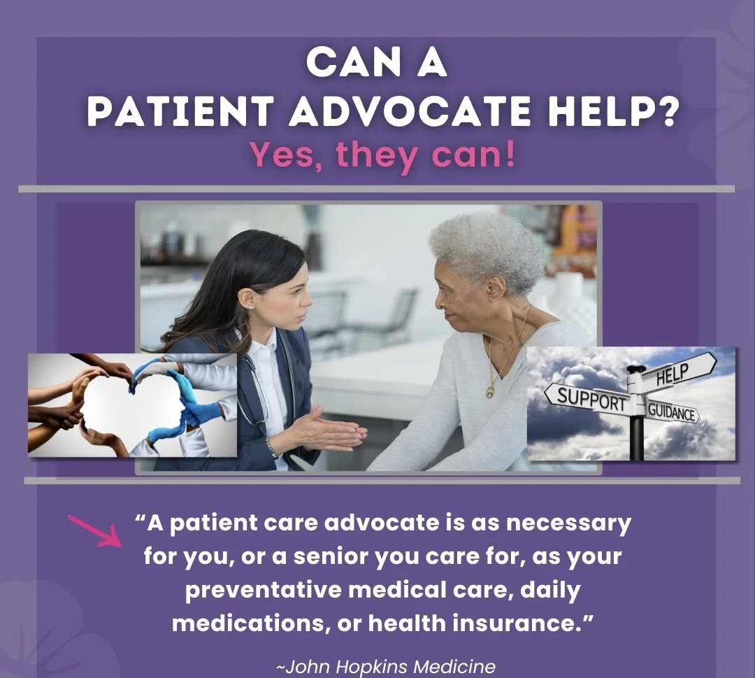 Poster with purple background explaining the importance of patient care advocates, featuring an image of a young female healthcare professional speaking with an elderly woman, a heart-shaped hand gesture, and a signpost pointing to support, help, and guidance, with a quote from John Hopkins Medicine.