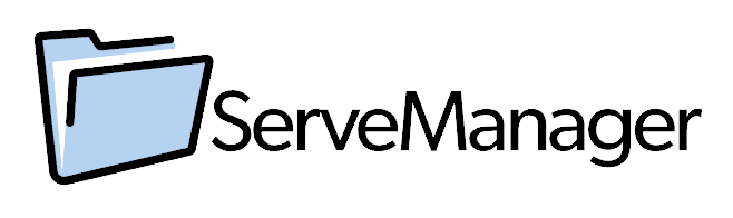 Logo of ServeManager with two overlapping blue folders and black text.
