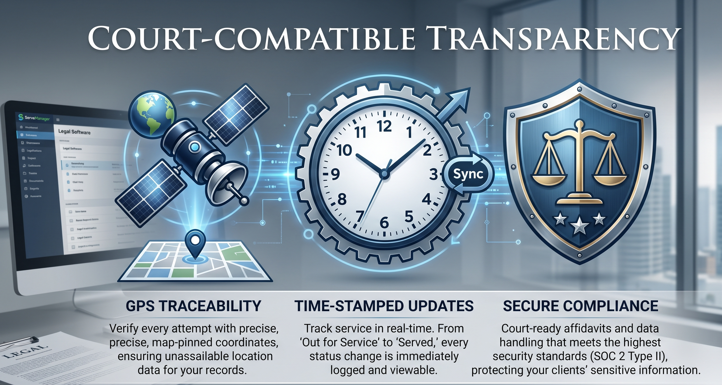 Digital infographic emphasizing court-compatible transparency, featuring GPS traceability, time-stamped updates, and secure compliance, with icons of a GPS satellite, clock, shield with scales, and a map with location pin.