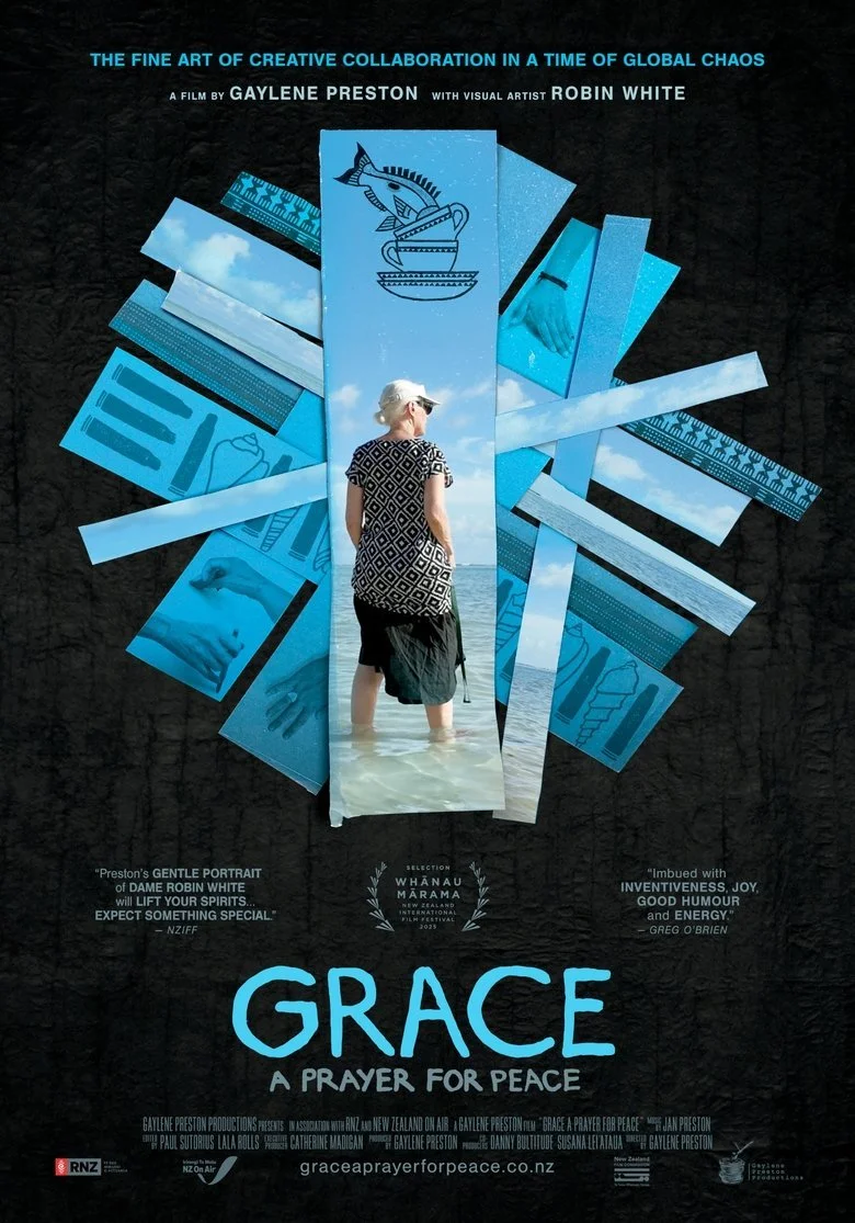 Promotional poster for the documentary film "Grace: A Prayer for Peace" showing a woman standing ankle-deep in water, looking away, with a collage of blue toned images and illustrations, including a fish with a crown, abstract patterns, and hands. The poster includes quotes about the film and credits, with title in large blue font at the bottom.