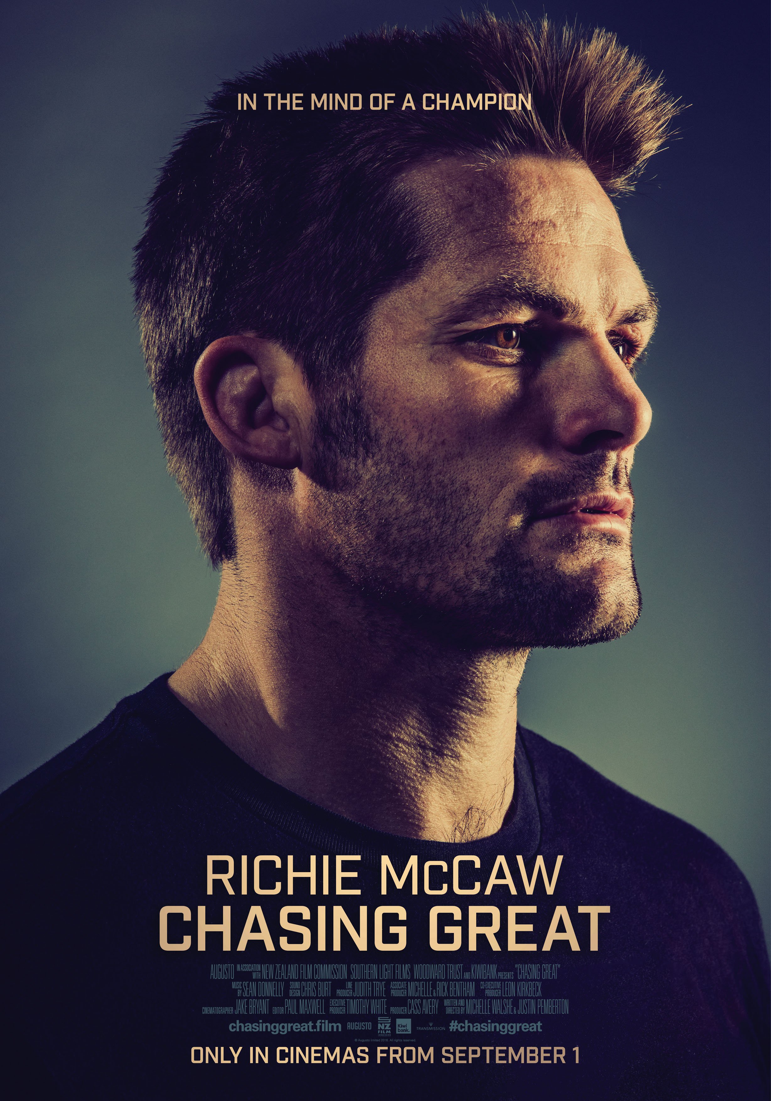 Poster for the movie 'Chasing Great' featuring Richie McCaw, showing him in profile with a serious expression, against a gradient background, with text 'In the mind of a champion' and film details.