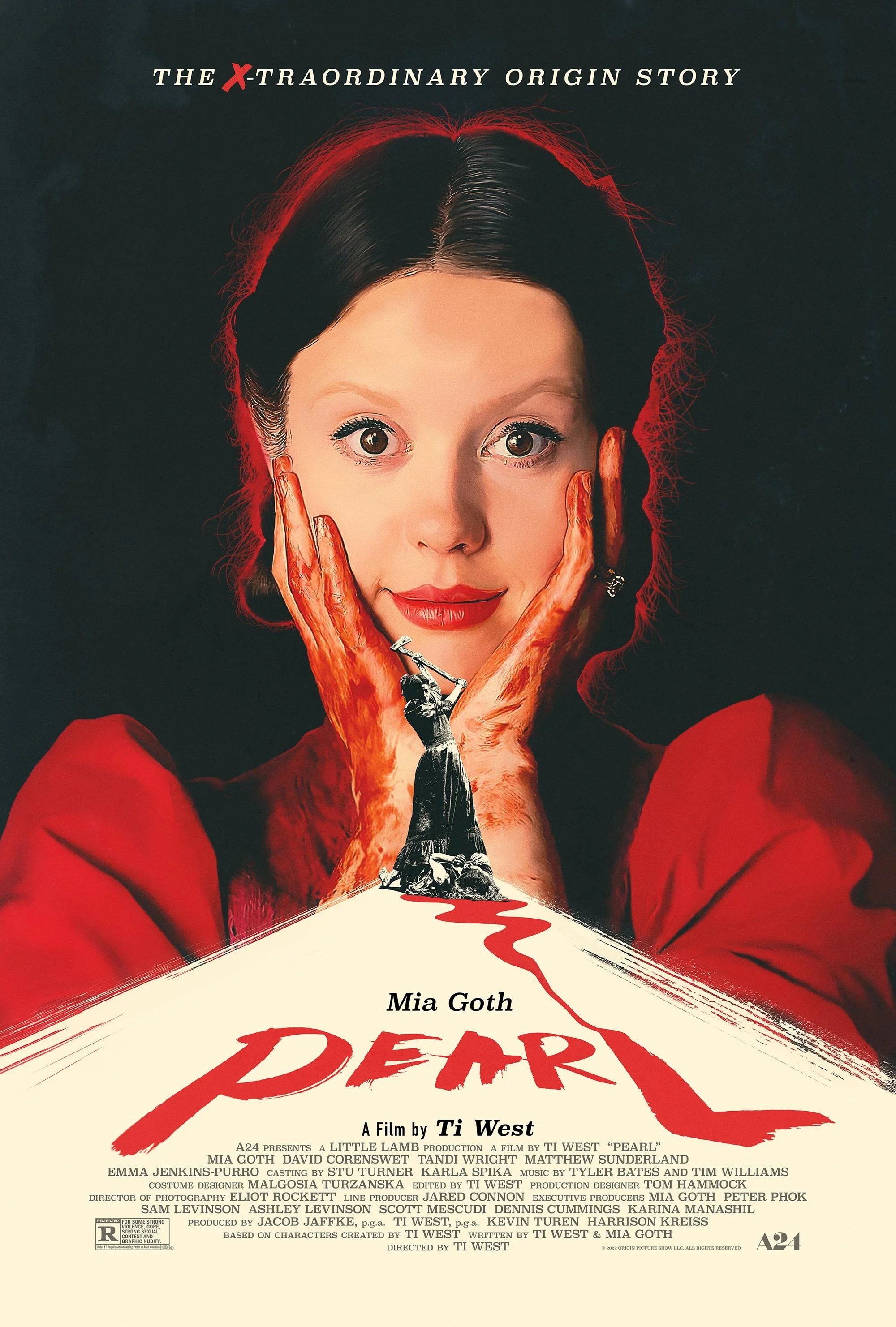 Movie poster for Mia Goth's film 'Pearl' directed by Ti West, featuring a woman with dark hair, red lipstick, and a red outfit, with a surreal illustration of an axe-wielding woman in front of her.