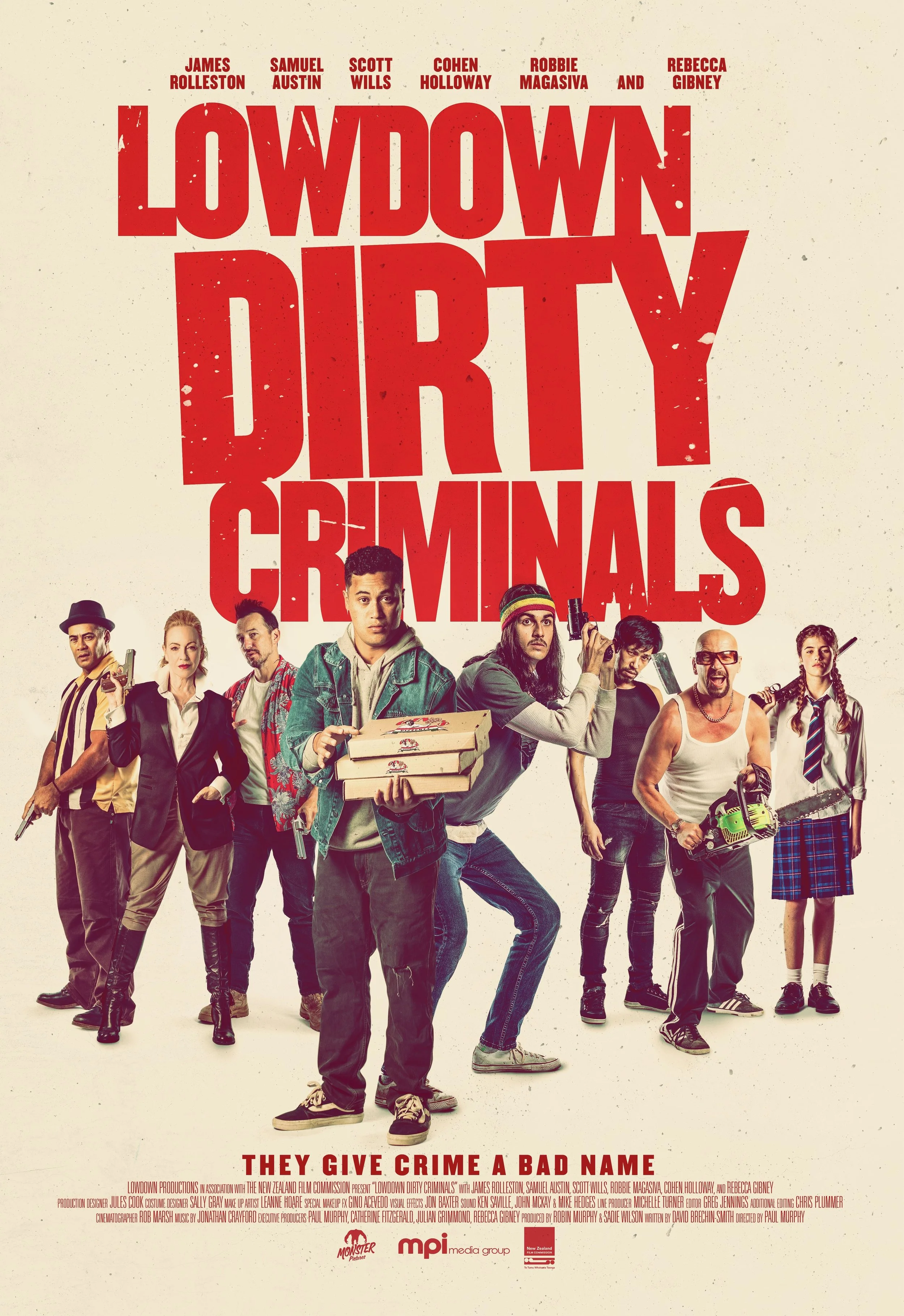A movie poster for 'Lowdown Dirty Criminals' showing eight animated characters with diverse appearances, holding various weapons, standing in a row against a cream background with the title prominently displayed in large red letters at the top.